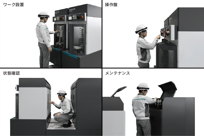 作業の流れ、操作、メンテナンスなどユーザーが直感的に扱いやすい配置高さ、 機能的な配色による区分け