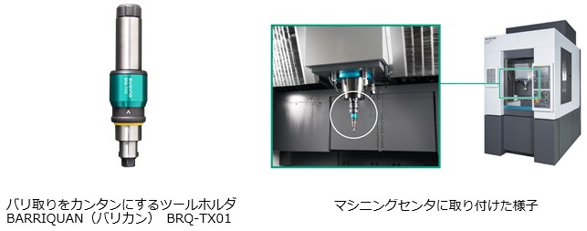 BRQ-TX01本体とマシニングセンタへの取り付けイメージ